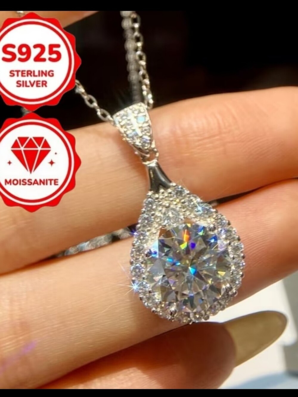 #68 925 S Sterling Silver White Moissanite Teardrop Pendant Necklace